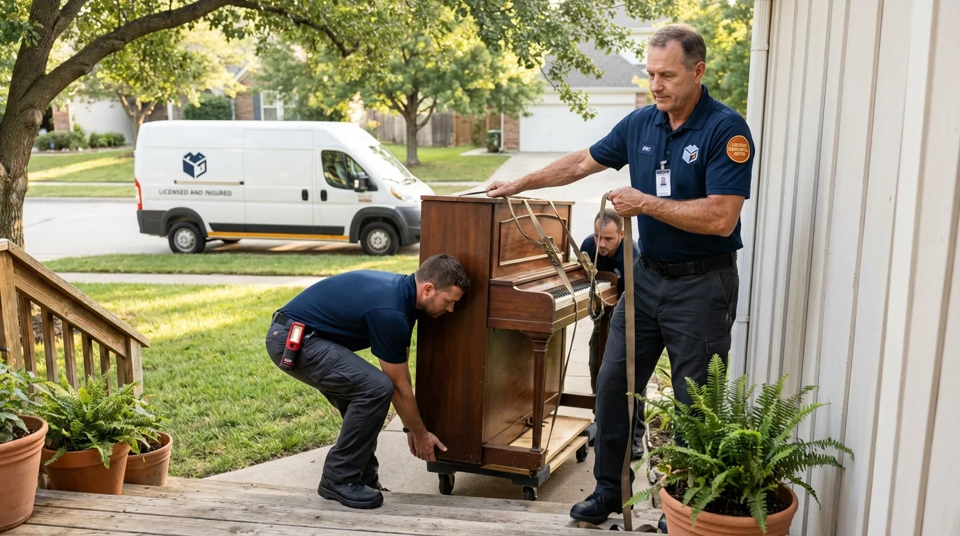 Licensed piano movers securing grand piano in Womelsdorf, PA