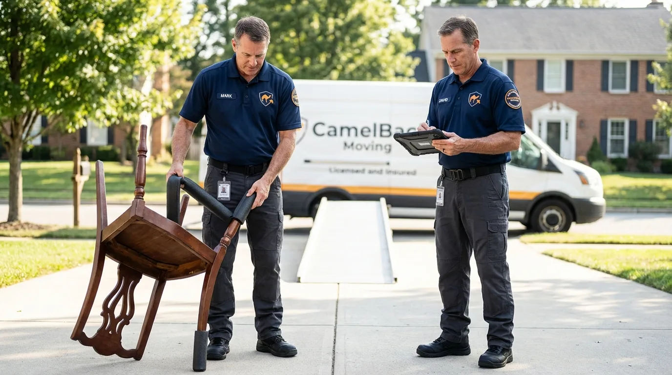 Movers inspecting furniture for damage prevention before loading in Womelsdorf, PA