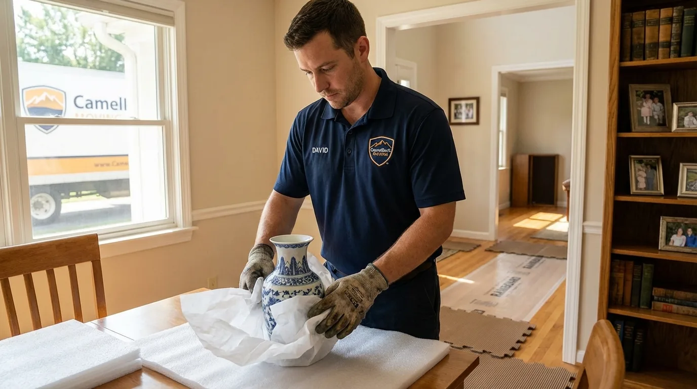 Professional crew carefully wrapping antique vase for senior downsizing move in Womelsdorf, PA